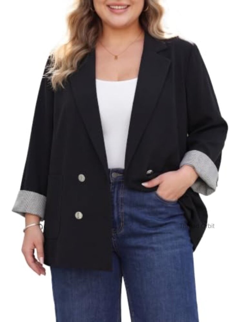 Plus Size Double Breasted Blazer Rolled Houndstooth Cuffs Work Office
